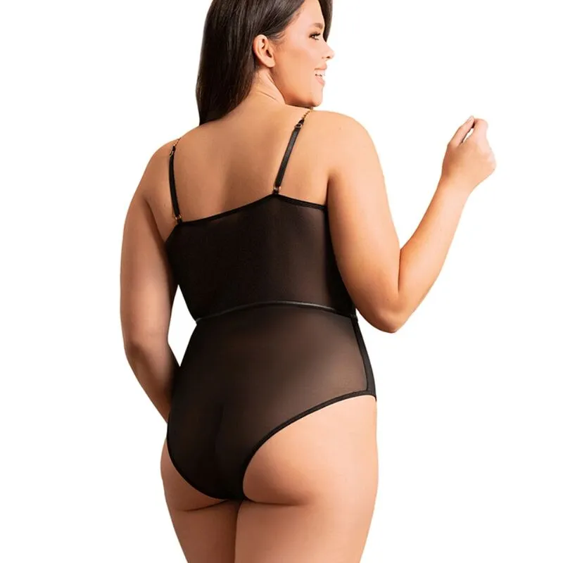 body femme noir élégant sangles métal panneaux transparents maintien confortable armatures intégrées moulant sexy glamour élastique doux sophistiqué