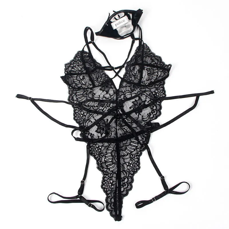 lingerie sexy déguisement policier féminine dentelle noire combinaison bretelles chapeau jarretière ajustée élasthanne polyester moulante sensuelle