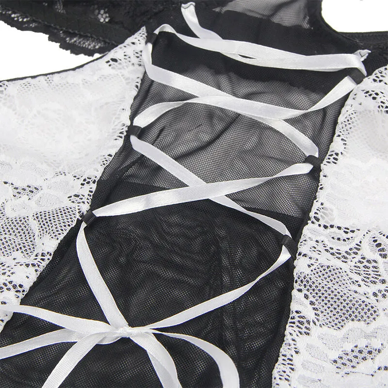Lingerie sensuelle servante Subblime noir blanc confortable extensible satinée corset ouverture poitrine silhouette galbante tailles variées élégante