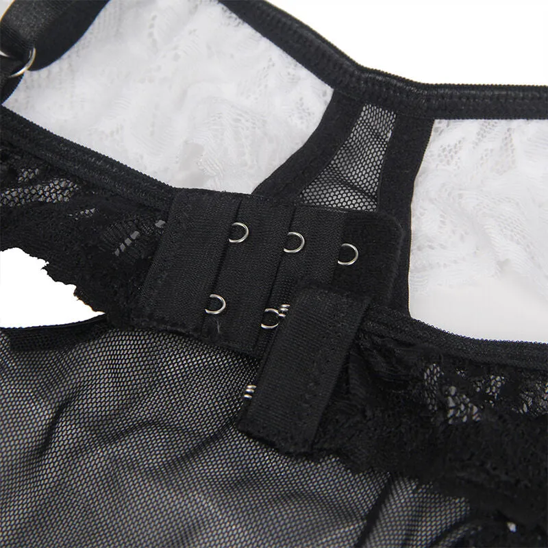 Lingerie sensuelle servante Subblime noir blanc confortable extensible satinée corset ouverture poitrine silhouette galbante tailles variées élégante