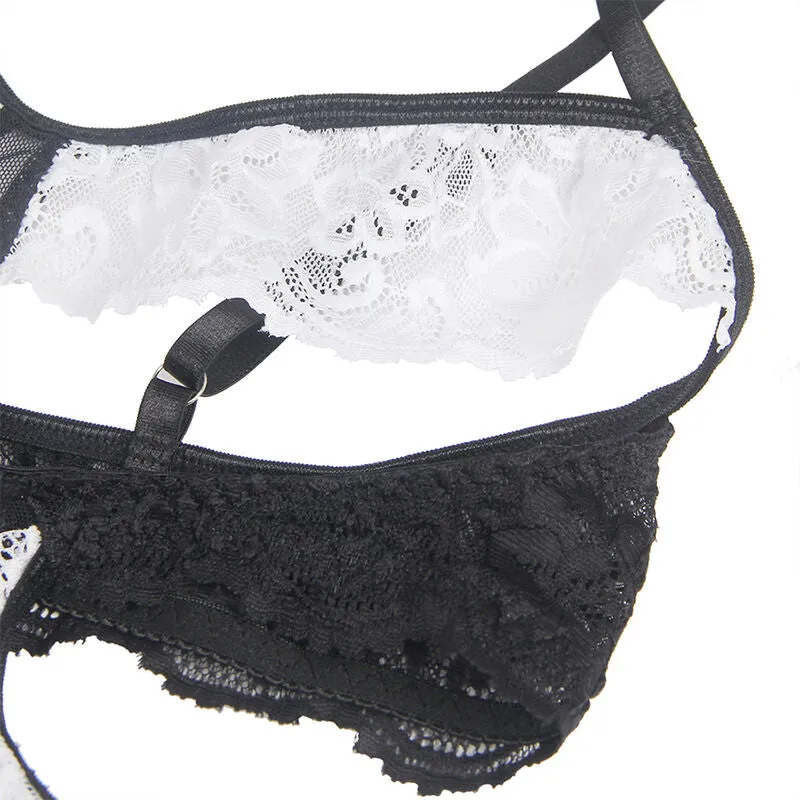 Lingerie sensuelle servante Subblime noir blanc confortable extensible satinée corset ouverture poitrine silhouette galbante tailles variées élégante