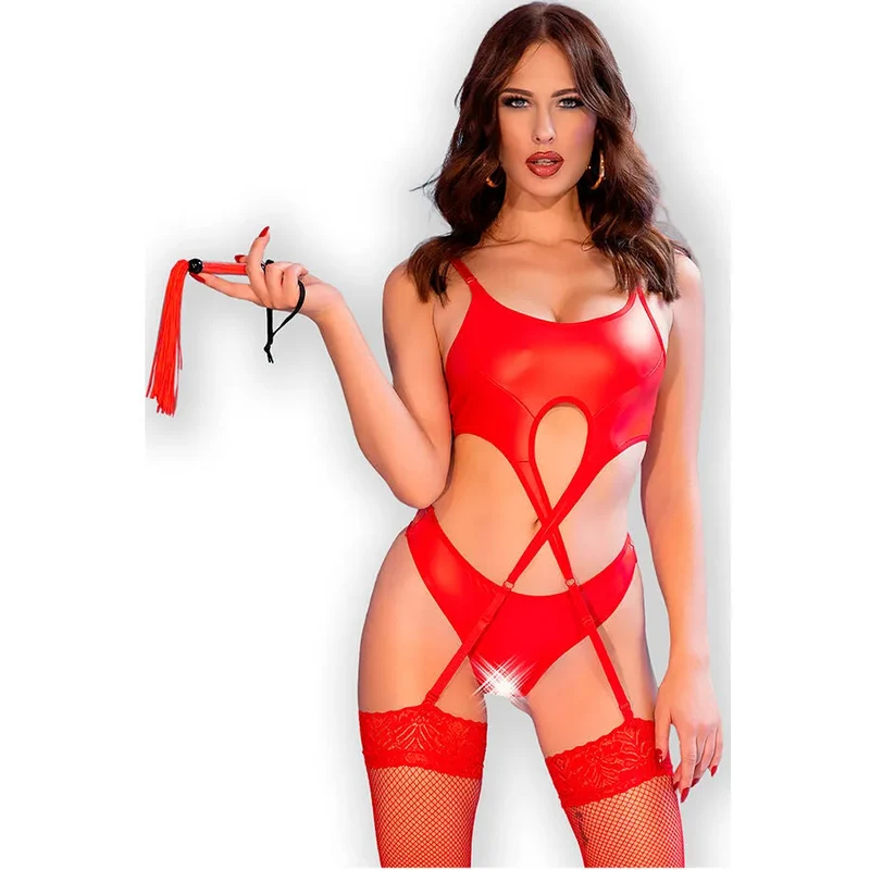Lingerie écocuir noir rouge ajouré raffiné sensuelle élastique douce confortable portejarretelles réglable string ouvert entrejambe fouet silicone audacieux