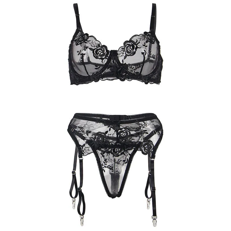 ensemble lingerie noir sexy trois pièces imprimé floral grande taille dentelle extensible satiné confortable maintien optimal glamour raffiné