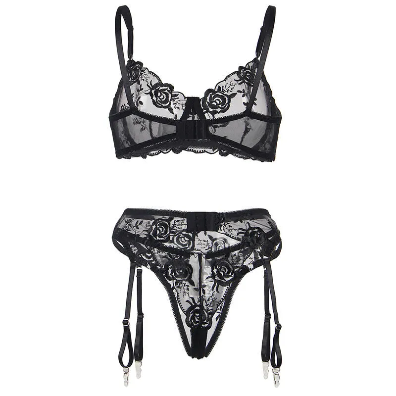 ensemble lingerie noir sexy trois pièces imprimé floral grande taille dentelle extensible satiné confortable maintien optimal glamour raffiné