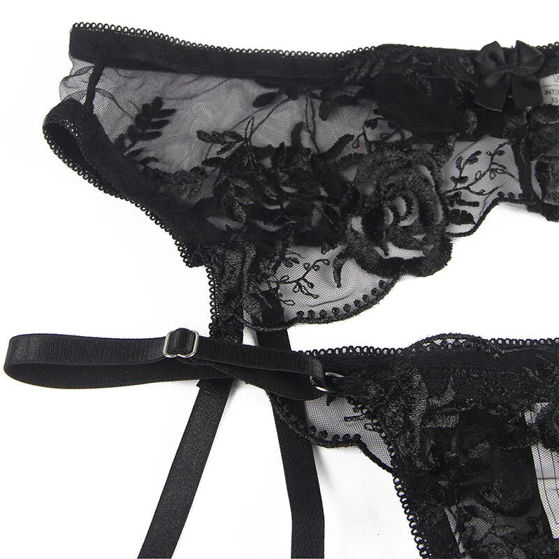 ensemble lingerie noir sexy trois pièces imprimé floral grande taille dentelle extensible satiné confortable maintien optimal glamour raffiné
