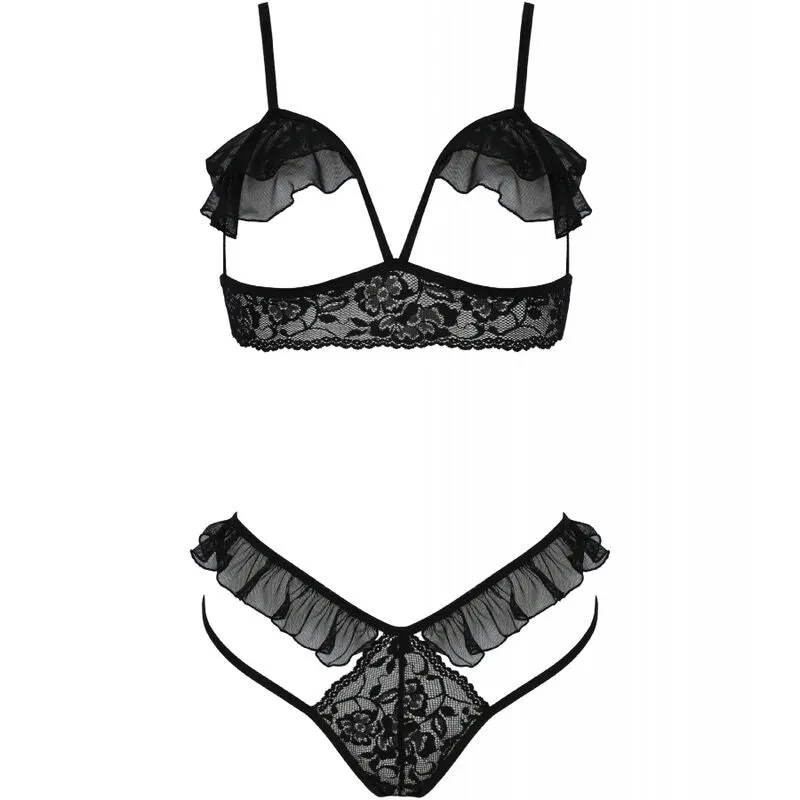 lingerie érotique ensemble dentelle noire soutiengorge ouvert string tulle européenne hypoallergénique résistant confortable séduisant raffiné glamour