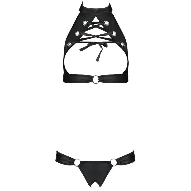 ensemble lingerie cuir écologique sensuelle moderne femmes européennes qualité soutien gorge seins nus string découpe séduisante confort durable douceur élégante