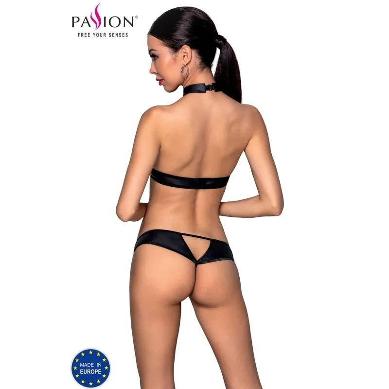 ensemble lingerie cuir écologique sensuelle moderne femmes européennes qualité soutien gorge seins nus string découpe séduisante confort durable douceur élégante