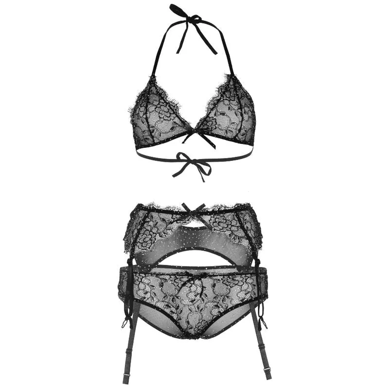 ensemble lingerie dentelle strass noir sexy taille M soutiengorge portejarretelles culotte trois pièces féminité sensualité confort