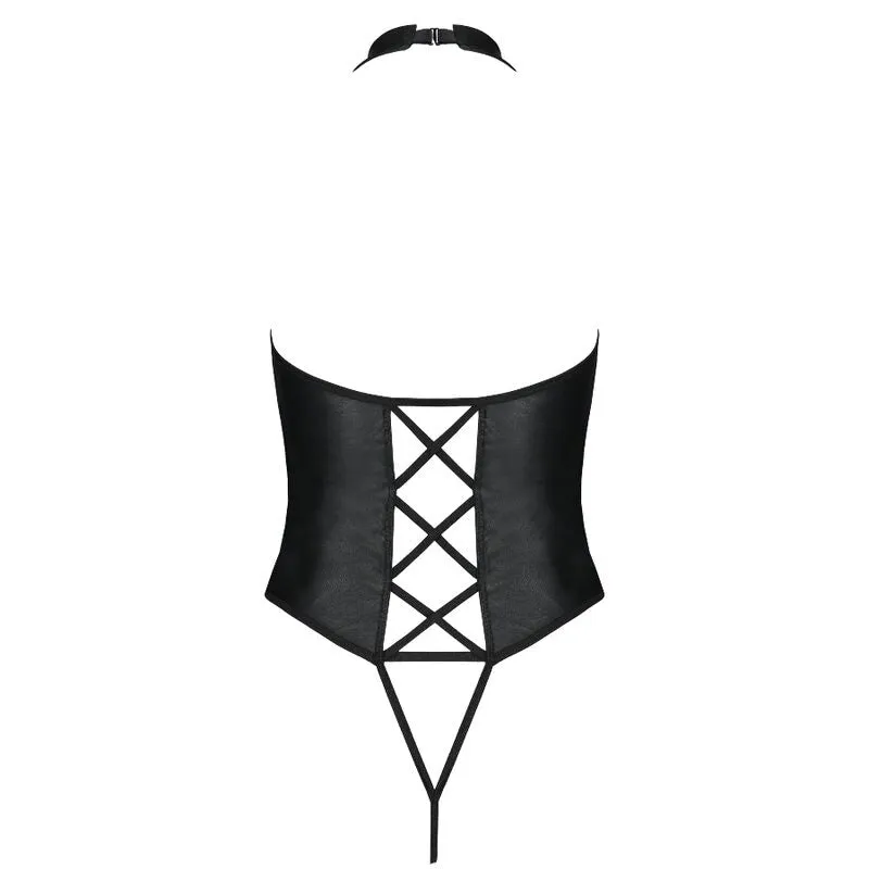 lingerie cuir noir décolleté profond femmes modernes Passion écologique sensuel confortable silhouette audacieuse bretelles croisées fabriquée européenne polyuréthane polyester doux
