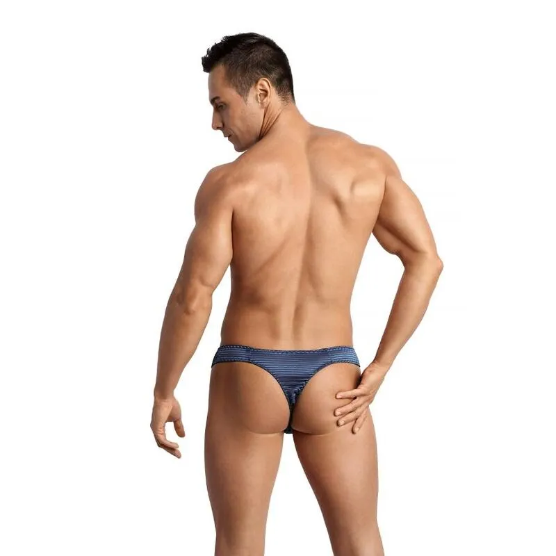 string homme confortable tulle noir rayures bleues satinées élégant sexy maintien élastique extensible respirant douceur polyamide élasthanne fabrication européenne