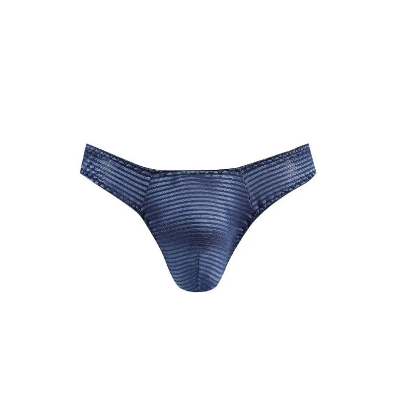 string homme confortable tulle noir rayures bleues satinées élégant sexy maintien élastique extensible respirant douceur polyamide élasthanne fabrication européenne