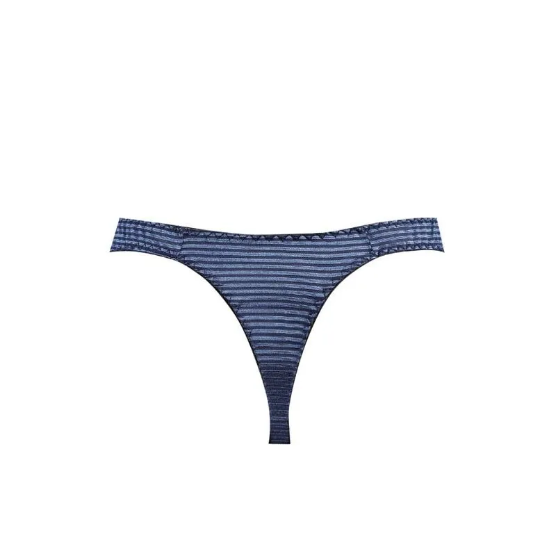 string homme confortable tulle noir rayures bleues satinées élégant sexy maintien élastique extensible respirant douceur polyamide élasthanne fabrication européenne