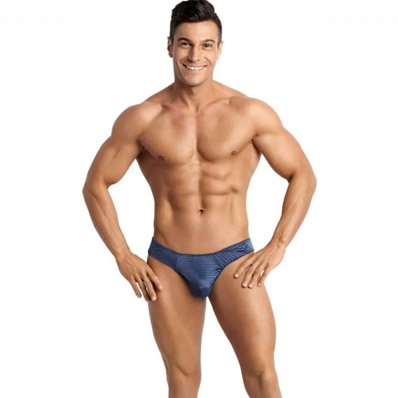 string homme confortable tulle noir rayures bleues satinées élégant sexy maintien élastique extensible respirant douceur polyamide élasthanne fabrication européenne