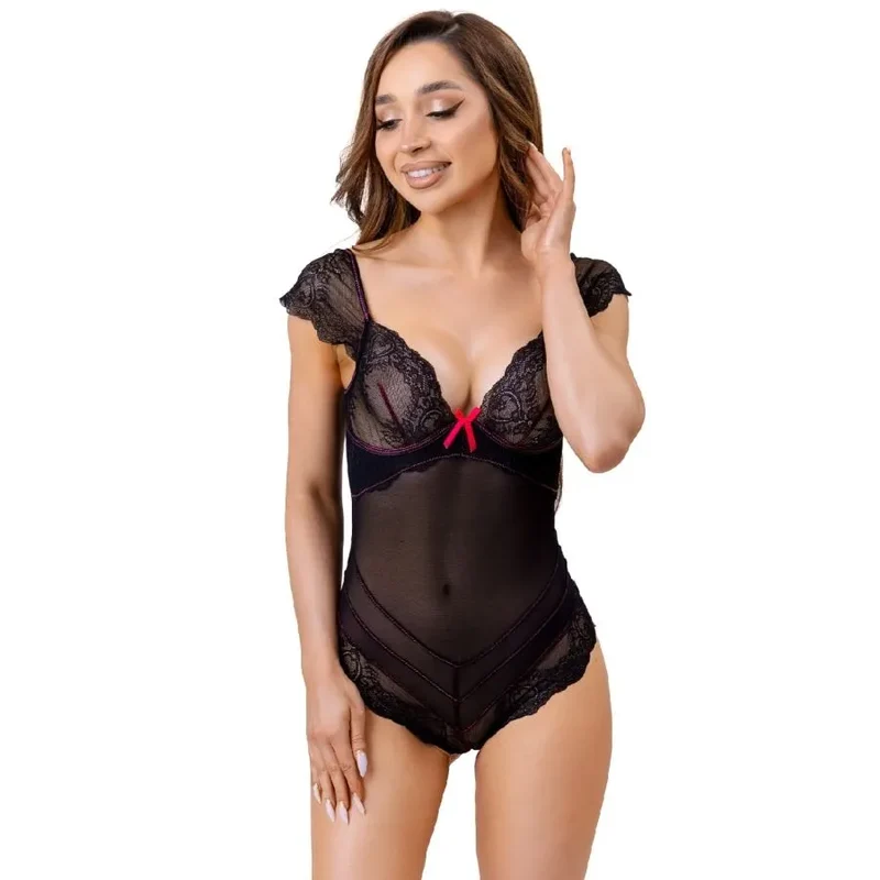 body dentelle noire résille transparente élégance féminité confortable extensible élasthanne polyamide délicate manches tombantes décolleté plongeant nœud rose séduisant romantique