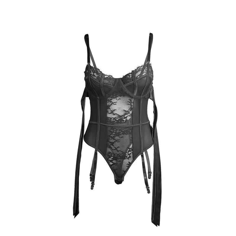 body lingerie sexy dentelle noire jarretelles entrejambe ouvert silhouette élégante sublime voluptueuse séduisante ajustable extensible confortable nylon élasthanne