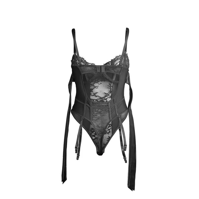 body lingerie sexy dentelle noire jarretelles entrejambe ouvert silhouette élégante sublime voluptueuse séduisante ajustable extensible confortable nylon élasthanne