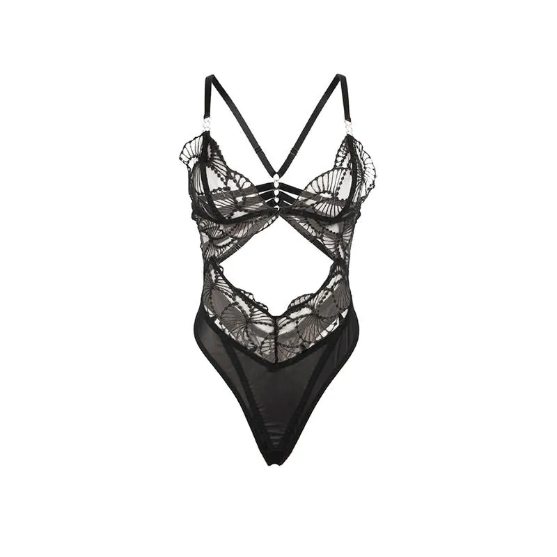 Body sexy dentelle noire découpes creuses transparentes ajustement parfait extensible élastique maintien léger polyester élasthanne résistant sensualité