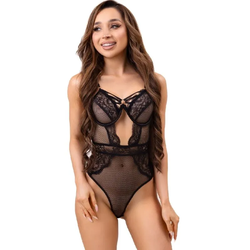 Body dentelle noire séduisant soirée élégante résille transparente maintien armatures bretelles réglables ajustement silhouette flatteuse sensualité luxe finition délicate
