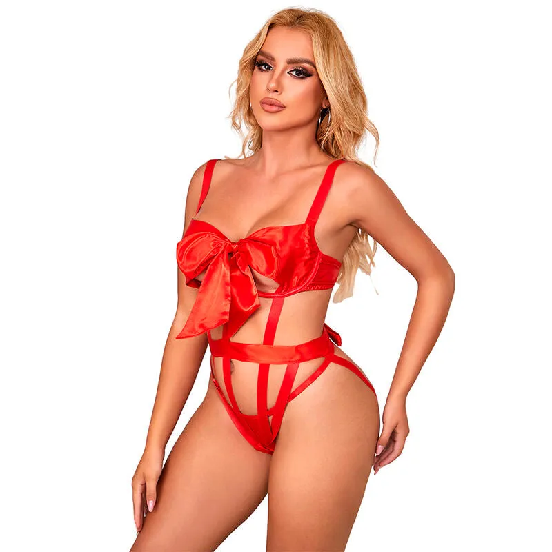 Body sexy ajouré Subblime nœud rouge grande taille LXL coupe flatteuse dentelle matière respirante confortable élégance américaine séduction audacieuse