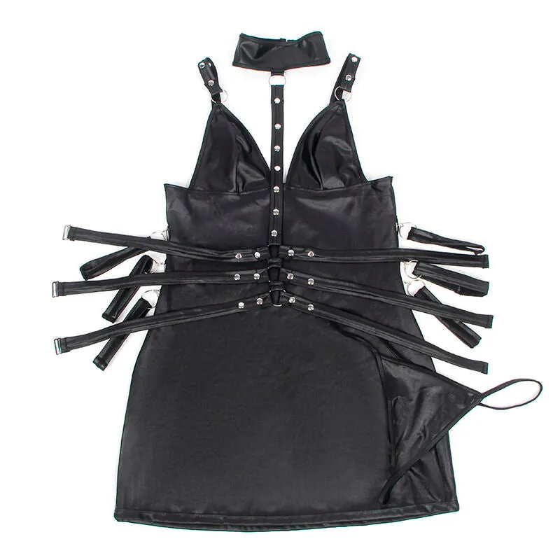 justaucorps bondage cuir noir grande taille sexy luxe confortable maintien ajustable finitions impeccables boucles métalliques doublure respirante couture sculptante silhouette