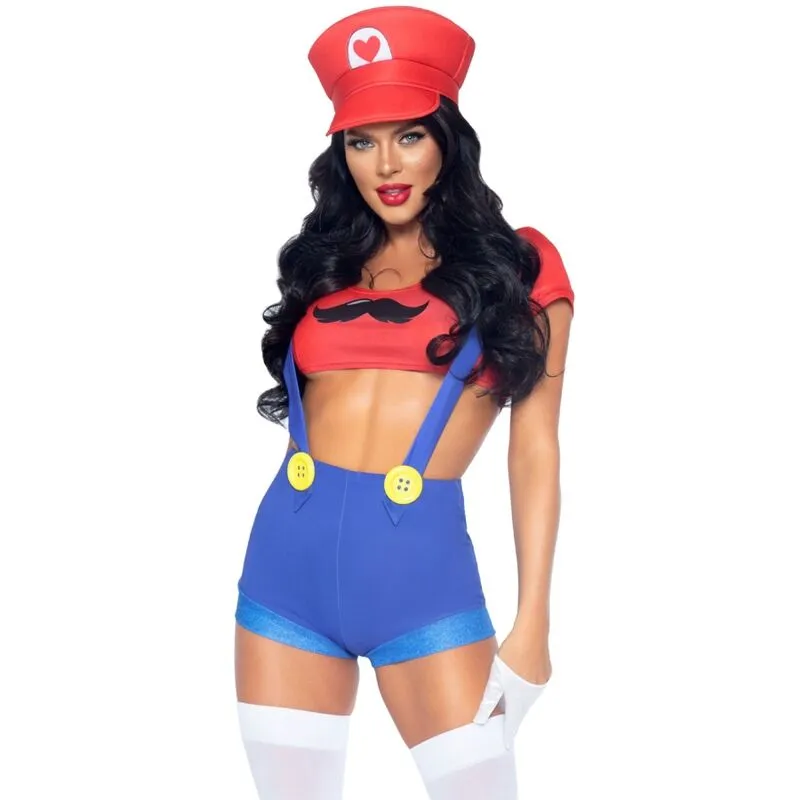 sexy Mario femme costume nostalgique moderne moulant ajusté haut court bretelles casquette rouge bleu confortable