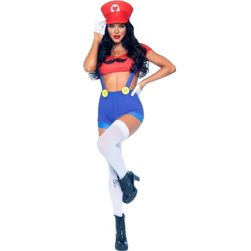 sexy Mario femme costume nostalgique moderne moulant ajusté haut court bretelles casquette rouge bleu confortable