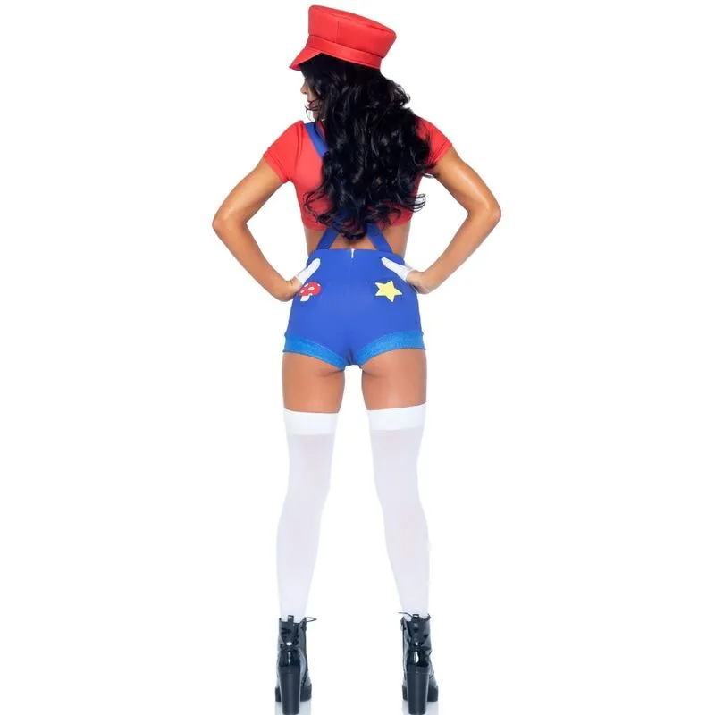 sexy Mario femme costume nostalgique moderne moulant ajusté haut court bretelles casquette rouge bleu confortable