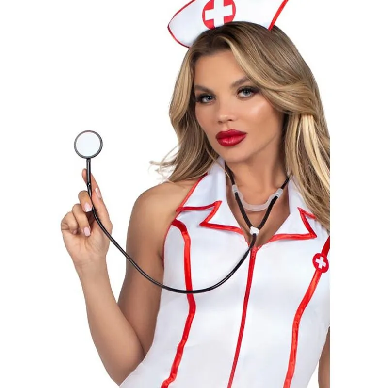 costume sexy infirmière chef blanc moulant polyester accessoires inclus stéthoscope bandeau tailles S M confort silhouette glamour Halloween