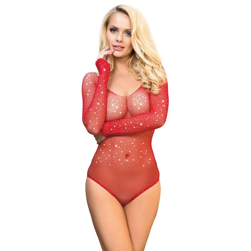 justaucorps manches longues épaules dénudées rouge vif sexy lingerie Subblime coupe ajustée élastique maille respirante nylon élasthanne taille unique glamour