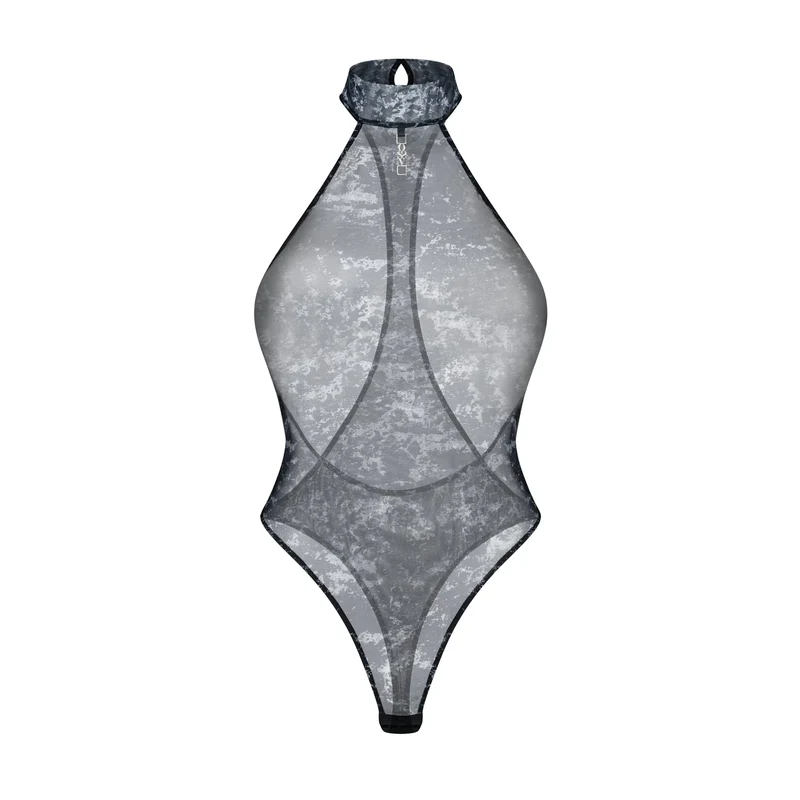 justaucorps transparent col court noué cou pendentif argent sans nickel maille élastique extensible motif moderne audacieux sophistiqué élégant