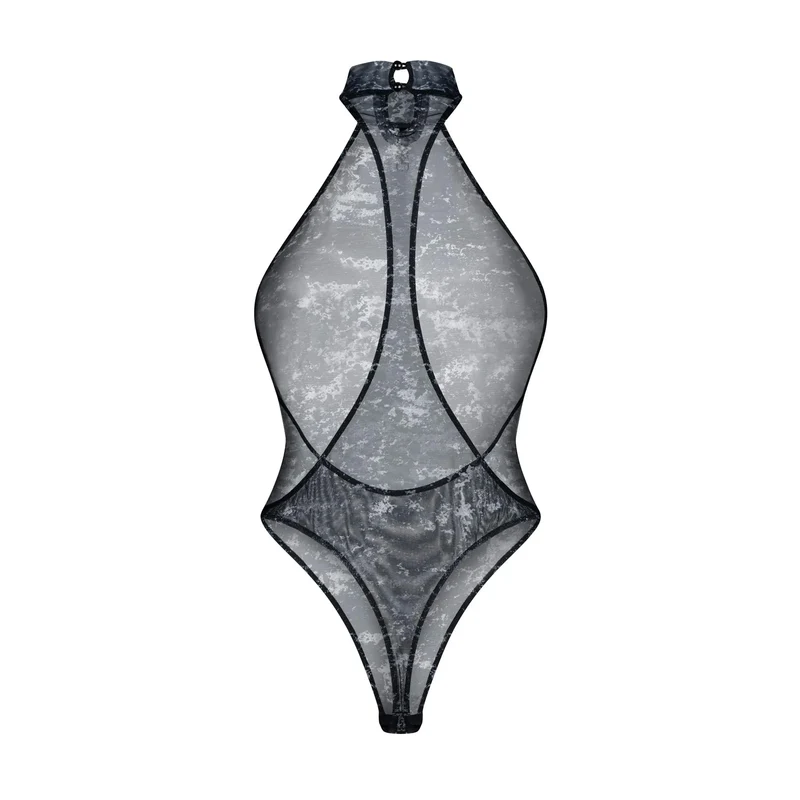 justaucorps transparent col court noué cou pendentif argent sans nickel maille élastique extensible motif moderne audacieux sophistiqué élégant