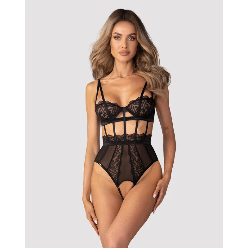 justaucorps noir dentelle motifs animaliers bonnets armatures rembourrées entrejambe ouvert ajustable bretelles réglables doubles fermetures dos panneaux transparents coutures verticales