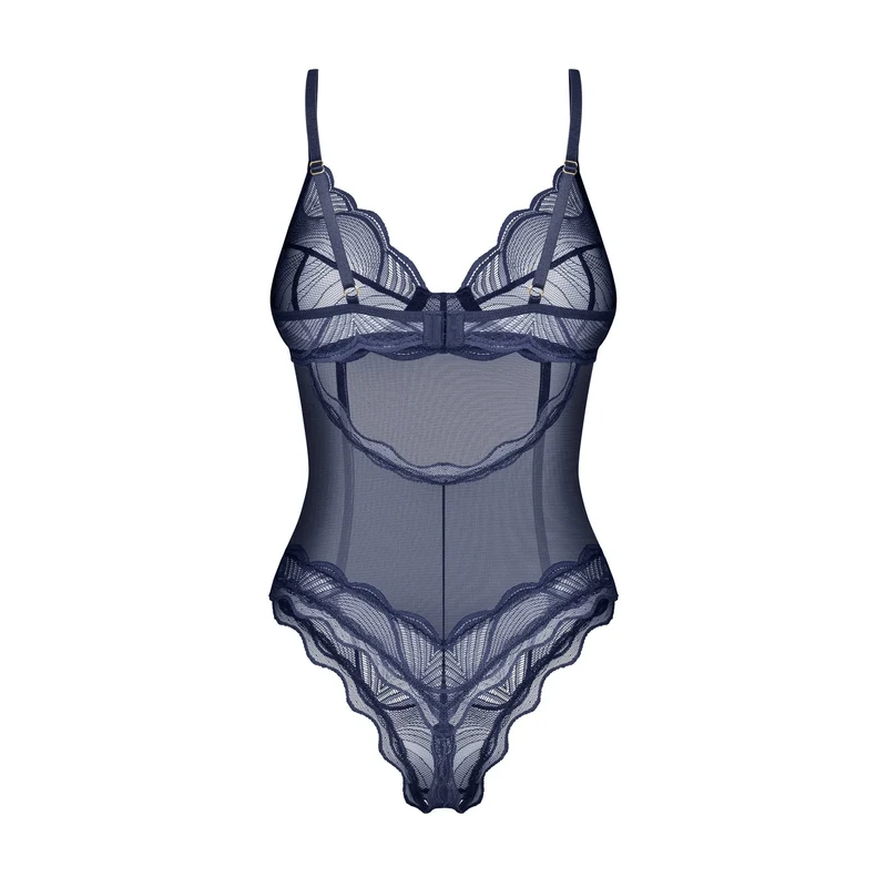 body ouvert bleu marine maille transparente dentelle soutien armatures bonnets bretelles réglables fermeture dos sans nickel fabriqué Europe