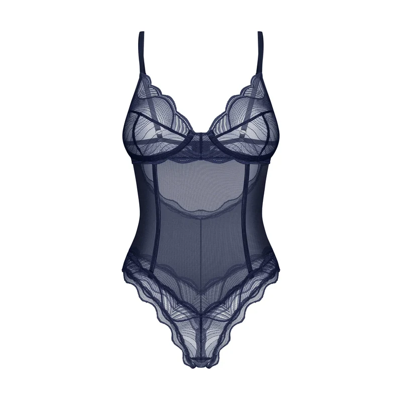 body ouvert bleu marine maille transparente dentelle soutien armatures bonnets bretelles réglables fermeture dos sans nickel fabriqué Europe