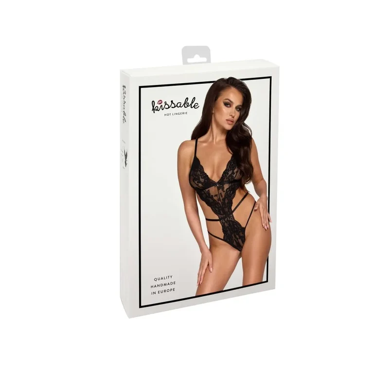 justaucorps dentelle noire ouvert sensuel élégant ajustement confortable élastique polyamide élasthanne tailles S M L XL soirée romantique intime