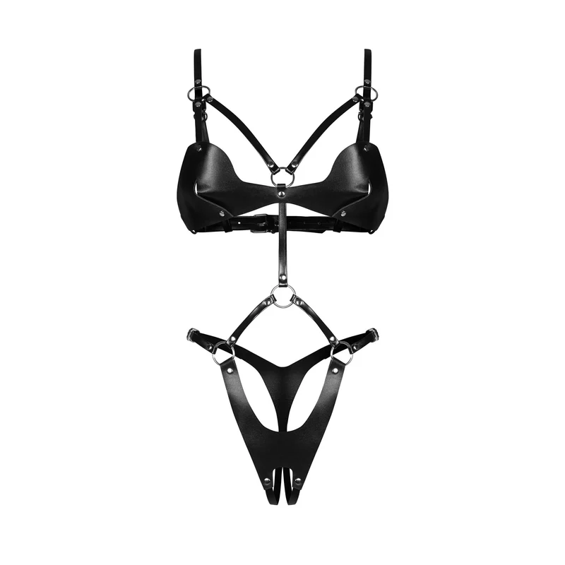 body ouvert ecocuir noir sangles réglables accents métalliques argentés ajustables sensuel provocant sophistiqué chic intemporel confortable sculptant européen