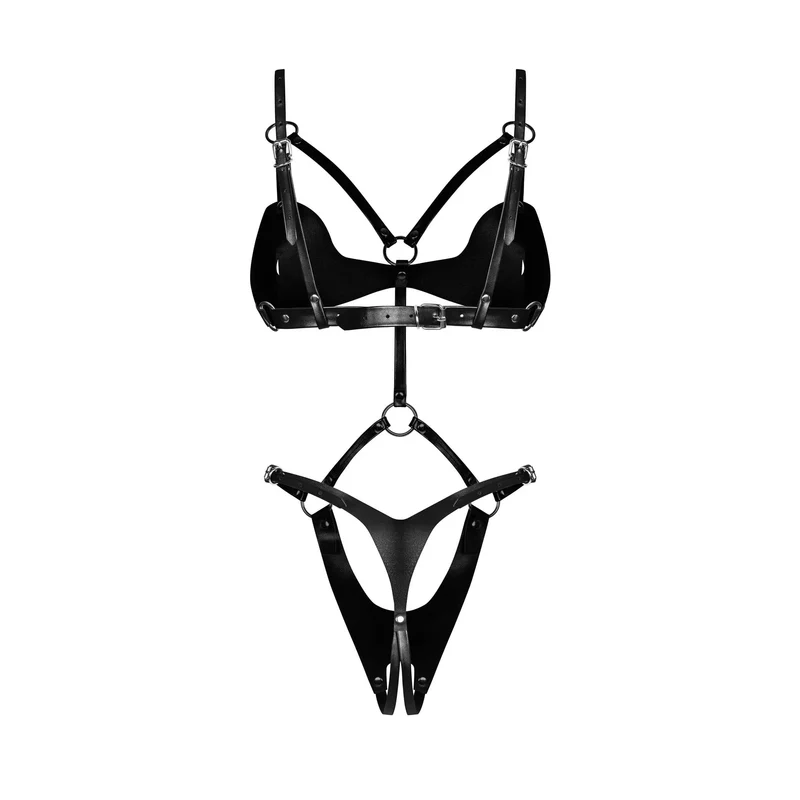 body ouvert ecocuir noir sangles réglables accents métalliques argentés ajustables sensuel provocant sophistiqué chic intemporel confortable sculptant européen