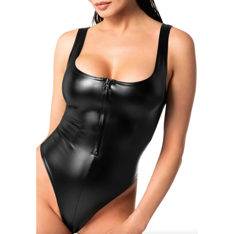 justaucorps noir effet mouillé moulant extensible fermeture éclair devant sexy soirée glamour cintrant brillant confortable polyester élasthanne enduction polymère
