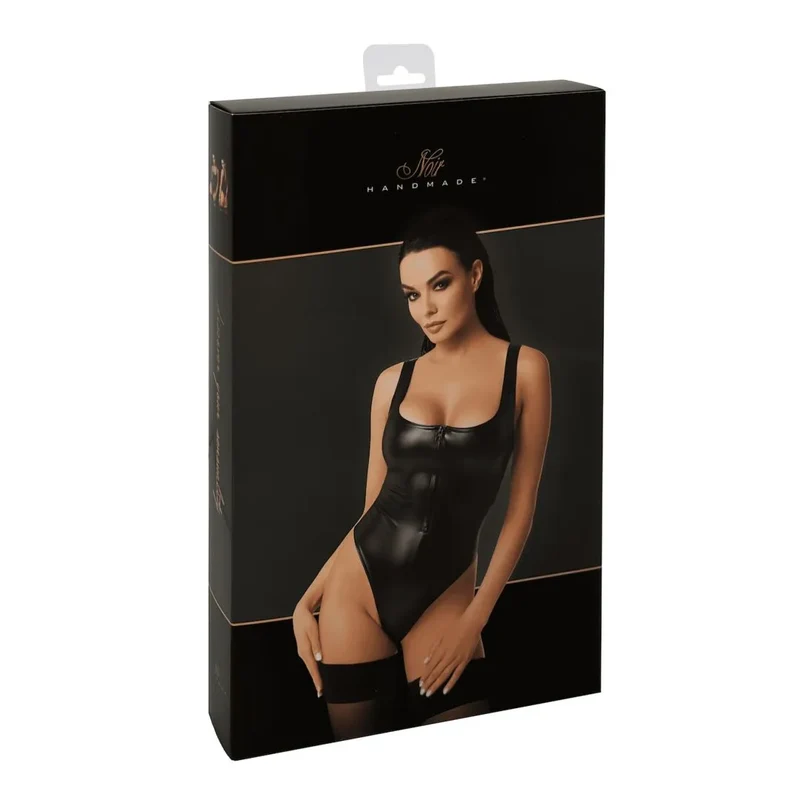 justaucorps noir effet mouillé moulant extensible fermeture éclair devant sexy soirée glamour cintrant brillant confortable polyester élasthanne enduction polymère