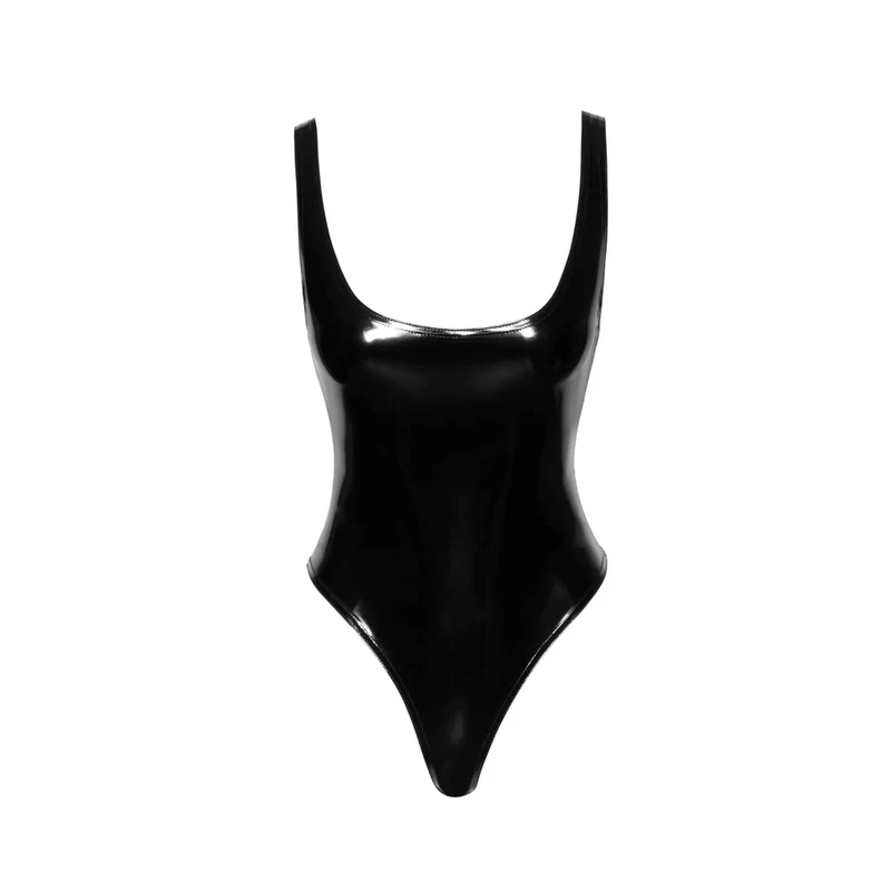 Justaucorps PVC noir brillant échancré ourlet féminin moulant sculptant souple résistant pliable rangement confort tailles S M L XL