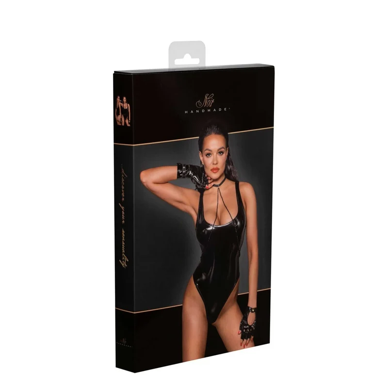 Justaucorps PVC noir brillant échancré ourlet féminin moulant sculptant souple résistant pliable rangement confort tailles S M L XL