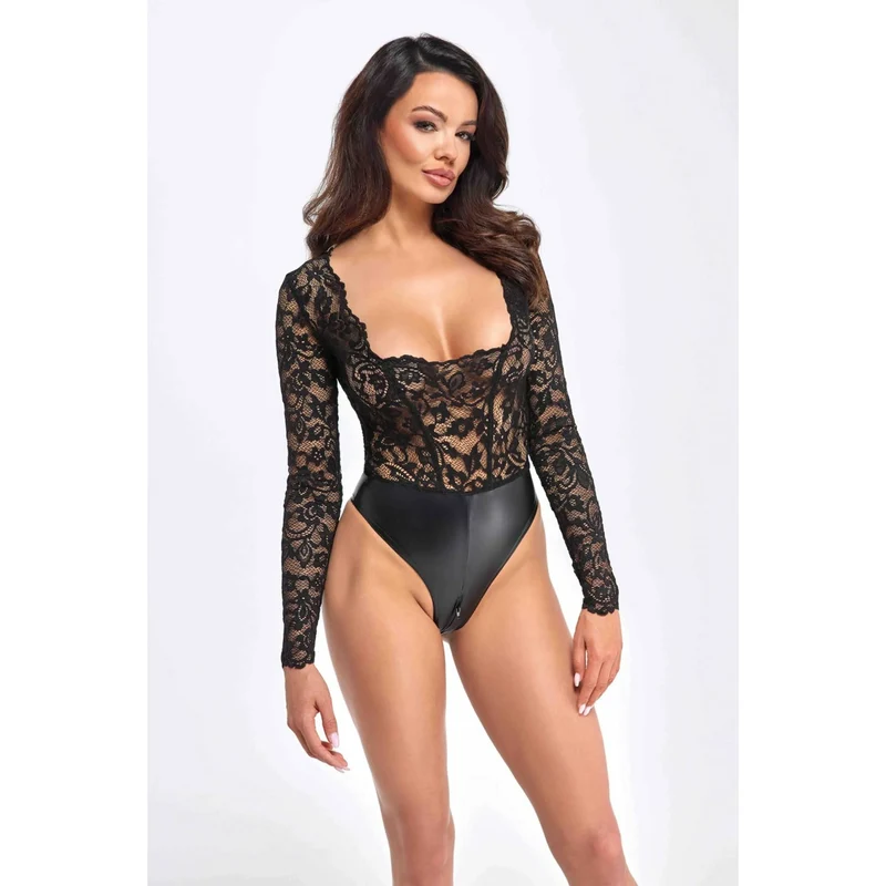 robe midi dentelle élastique transparent séduisant effet cuir verni fermeture éclair cachée taille ajustée soirée glamour décolleté plongeant manches longues