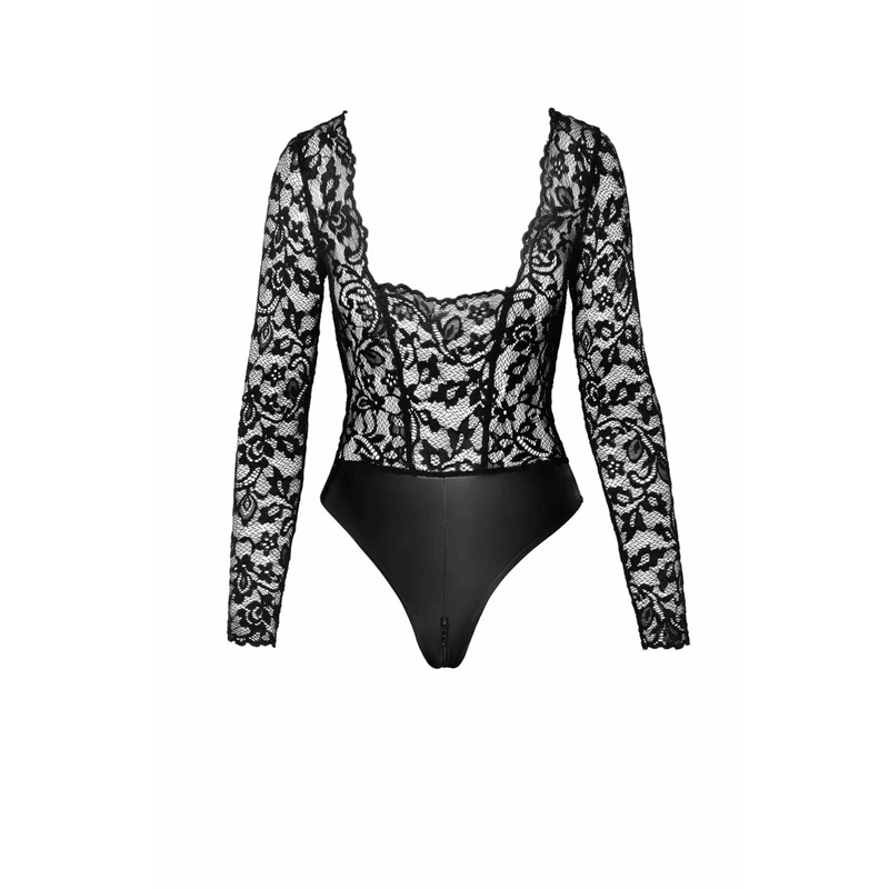 robe midi dentelle élastique transparent séduisant effet cuir verni fermeture éclair cachée taille ajustée soirée glamour décolleté plongeant manches longues