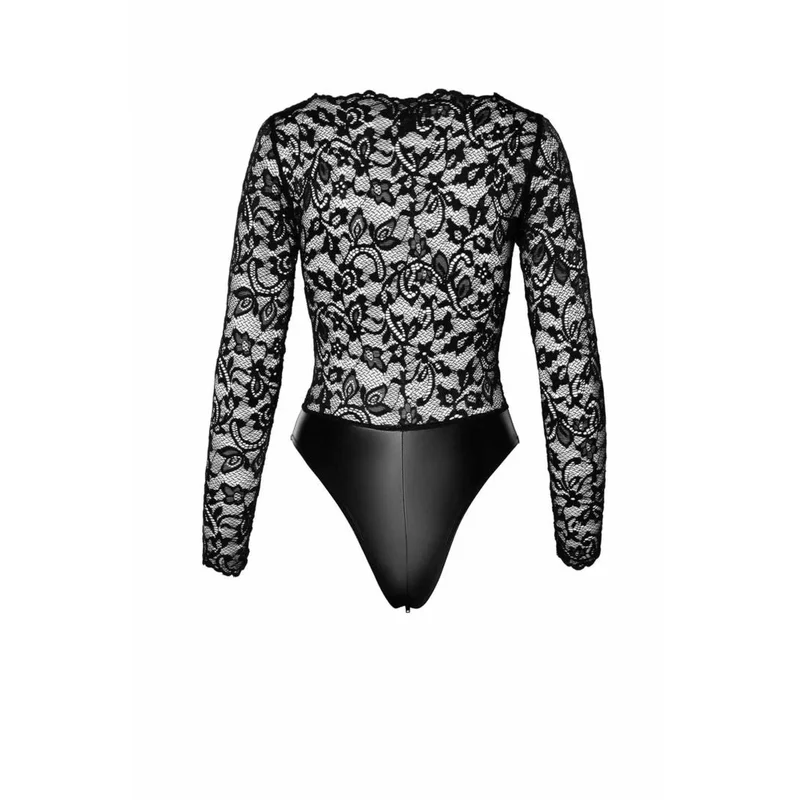 robe midi dentelle élastique transparent séduisant effet cuir verni fermeture éclair cachée taille ajustée soirée glamour décolleté plongeant manches longues