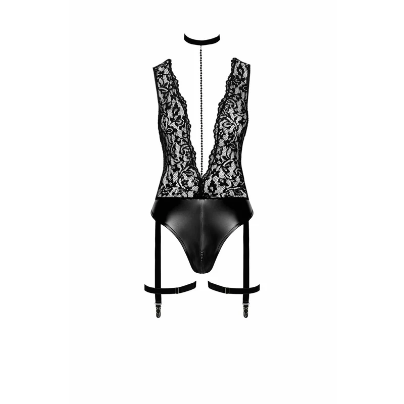 body décolleté plongeant dentelle délicate effet mouillé collier chaîne perles jarretelles amovibles élégant provocant luxueux noir ajustable polyvalent
