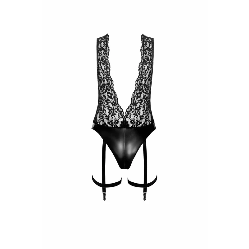 body décolleté plongeant dentelle délicate effet mouillé collier chaîne perles jarretelles amovibles élégant provocant luxueux noir ajustable polyvalent