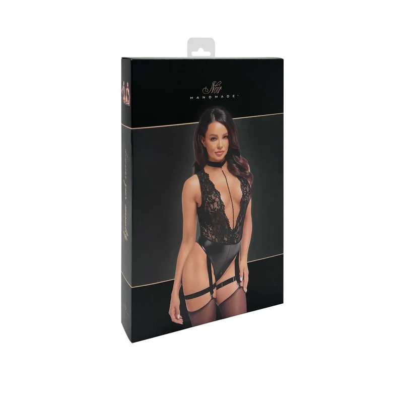 body décolleté plongeant dentelle délicate effet mouillé collier chaîne perles jarretelles amovibles élégant provocant luxueux noir ajustable polyvalent