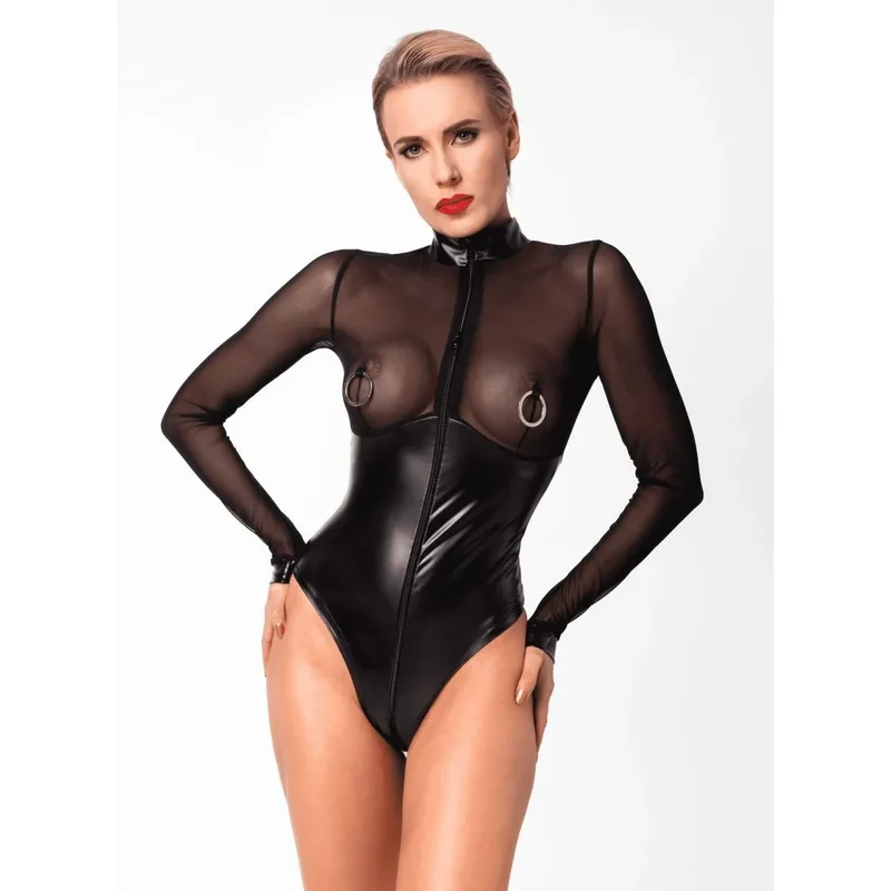body moulant transparent tulle anneaux métalliques sensuelle audacieuse cintrant extensible col montant brillant fermeture éclair manches longues noir tailles