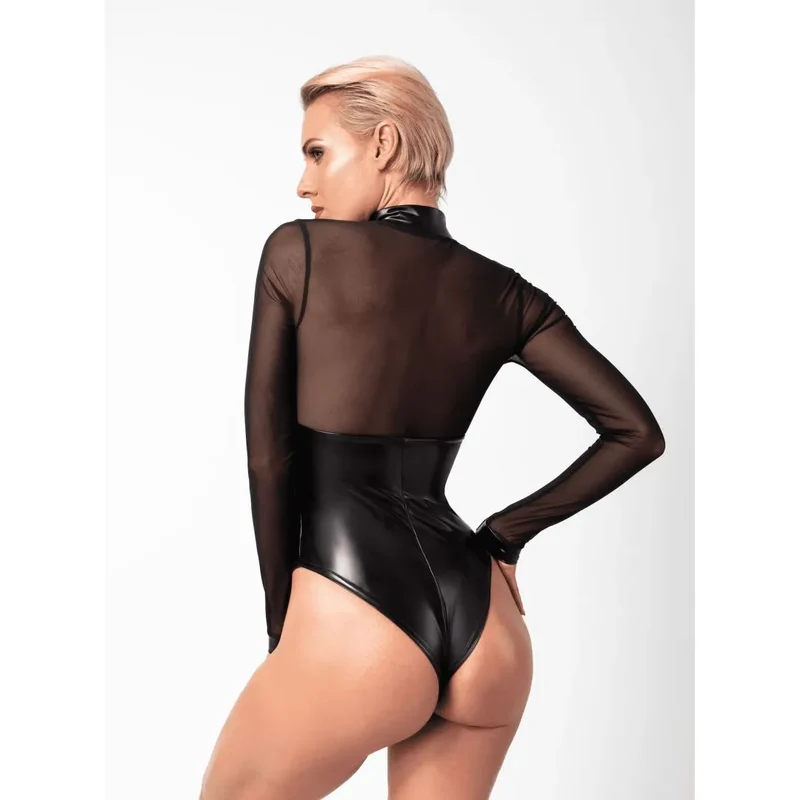 body moulant transparent tulle anneaux métalliques sensuelle audacieuse cintrant extensible col montant brillant fermeture éclair manches longues noir tailles